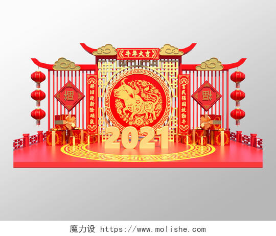 红色中国风传统春节喜庆商业2021新年美陈2021新年牛年
